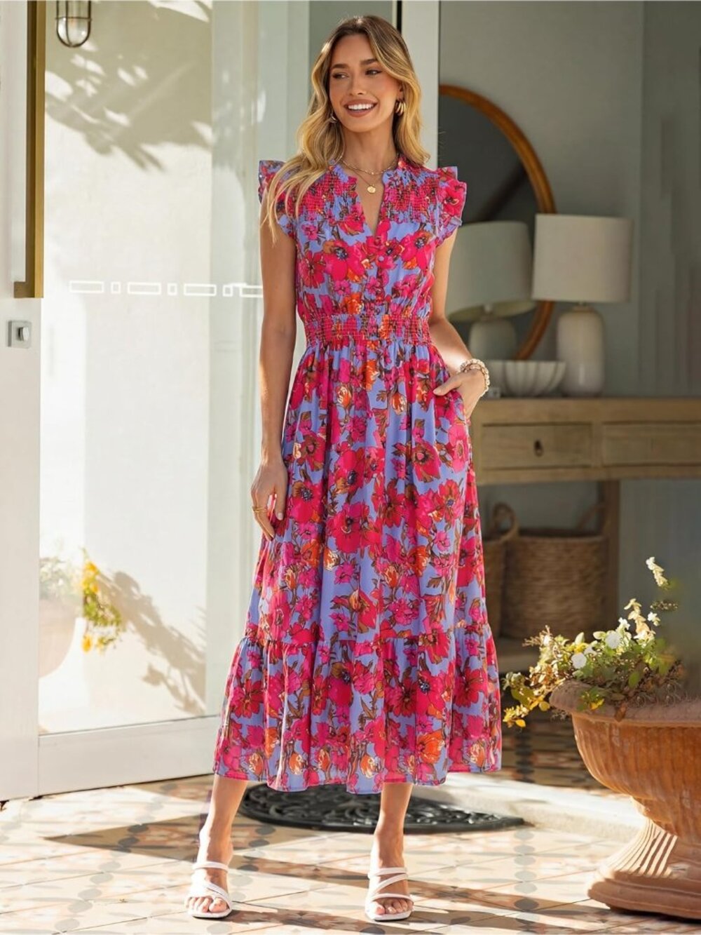 Women's Red Blue Floral Short Sleeve V Neck Casual Ruffle Imported Maxi Dress - Picture 6 of 6